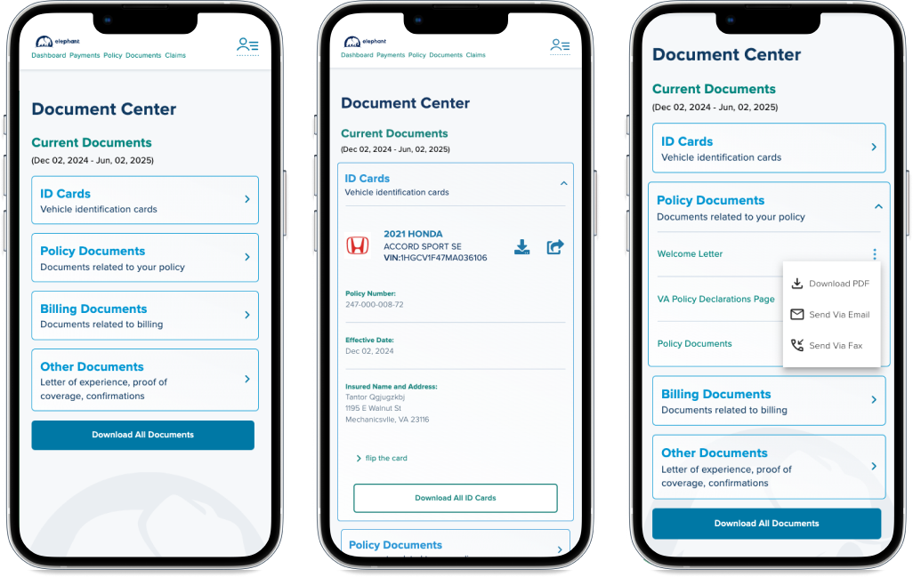 Elephant Insurance Customer Portal on iPhone